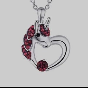 February Crystal Birthstone Silver Plated Heart Unicorn Necklace